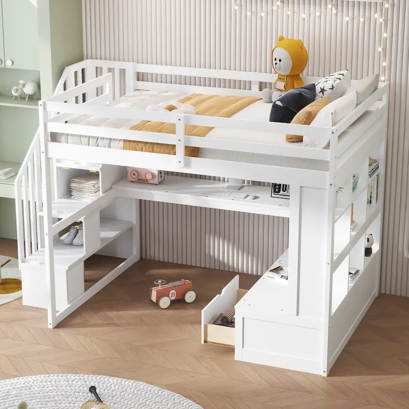 Hochbett in Full-Größe mit Schreibtisch und Regalen, zwei integrierten Schubladen und Stauraumtreppe