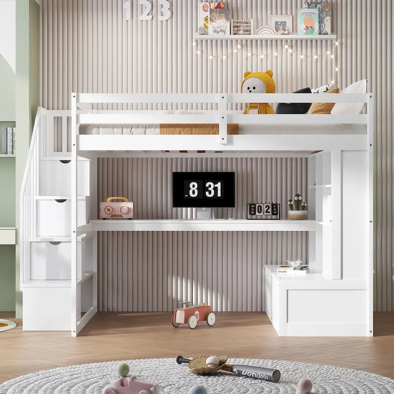 Hochbett in Full-Größe mit Schreibtisch und Regalen, zwei integrierten Schubladen und Stauraumtreppe