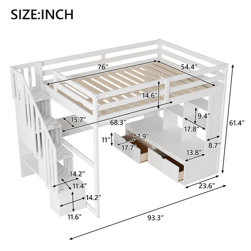 Hochbett in Full-Größe mit Schreibtisch und Regalen, zwei integrierten Schubladen und Stauraumtreppe