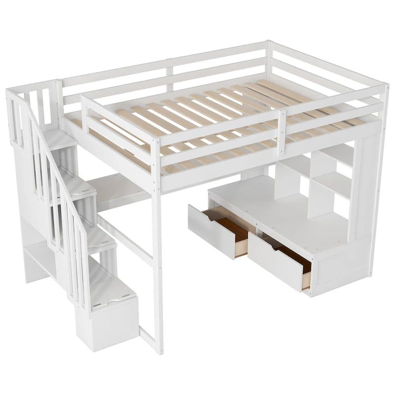 Hochbett in Full-Größe mit Schreibtisch und Regalen, zwei integrierten Schubladen und Stauraumtreppe