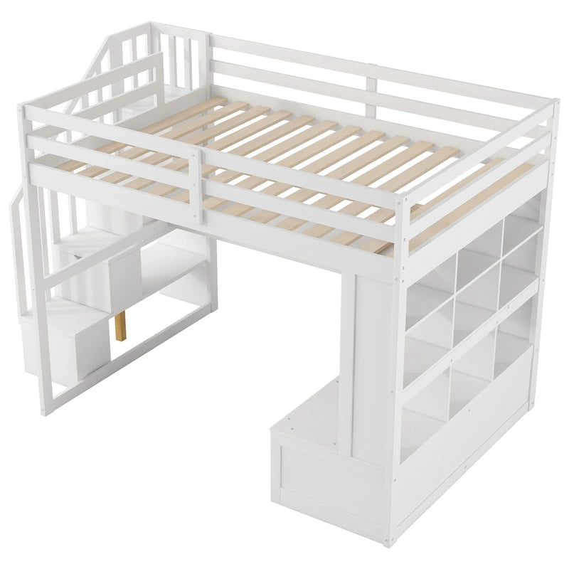 Hochbett in Full-Größe mit Schreibtisch und Regalen, zwei integrierten Schubladen und Stauraumtreppe