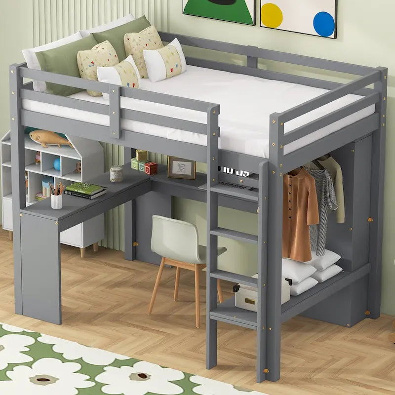 Twin Size Loft Bed with L-shaped Desk, Wardrobe and Storage Shelves