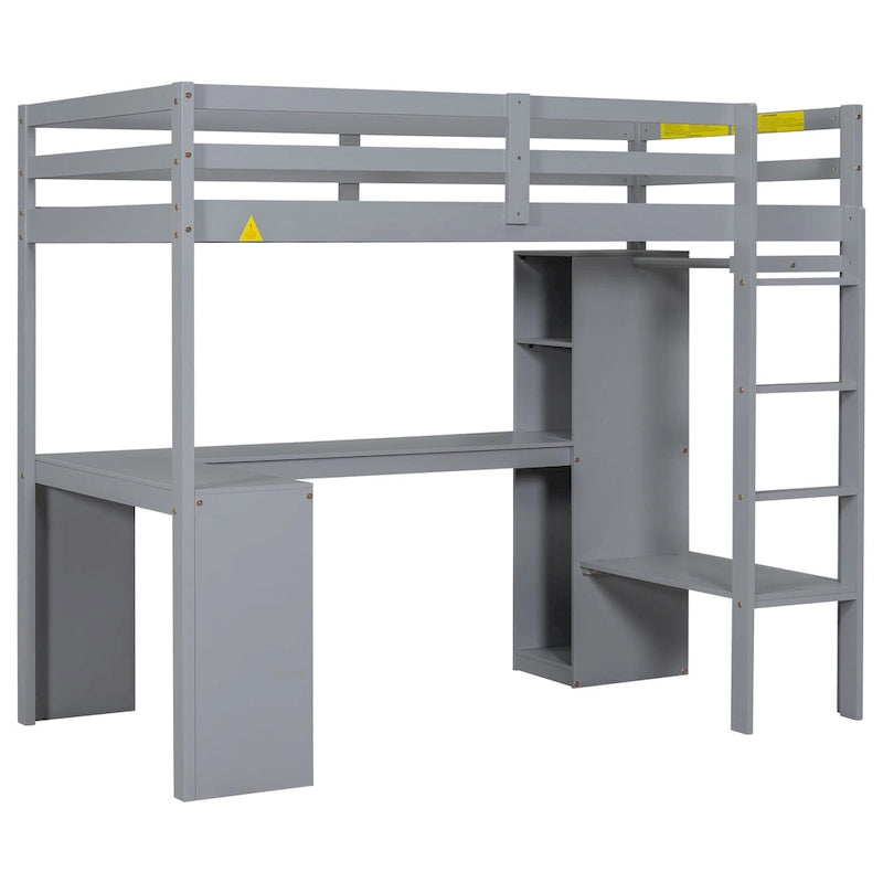 Twin Size Loft Bed with L-shaped Desk, Wardrobe and Storage Shelves