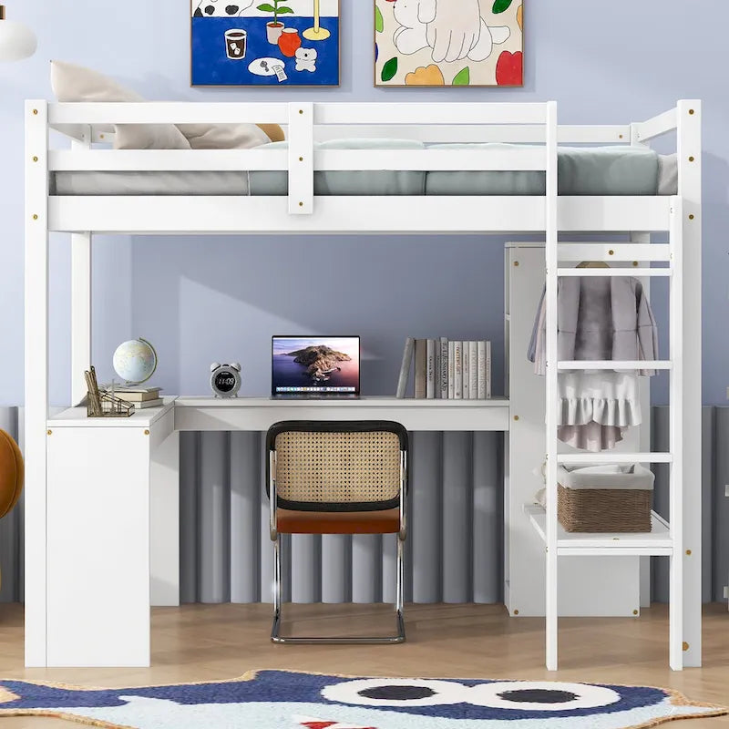 Twin Size Loft Bed with L-shaped Desk, Wardrobe and Storage Shelves