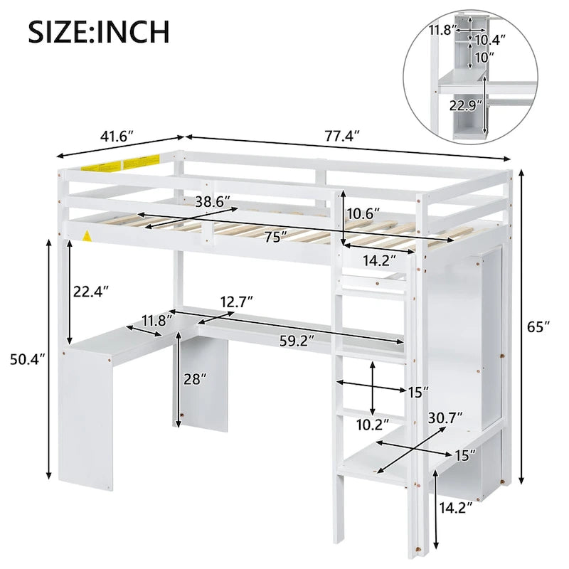 Twin Size Loft Bed with L-shaped Desk, Wardrobe and Storage Shelves