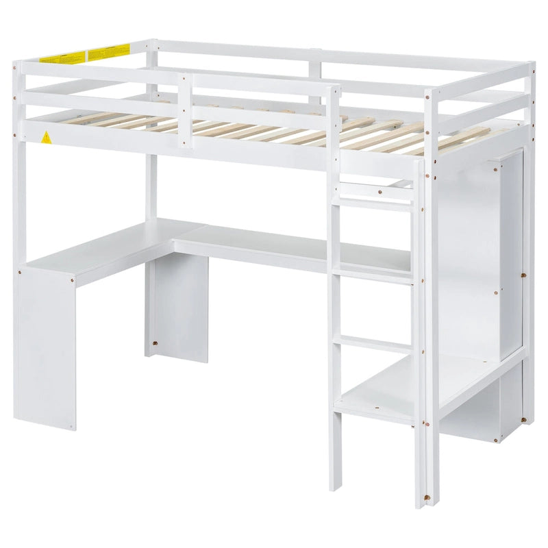 Twin Size Loft Bed with L-shaped Desk, Wardrobe and Storage Shelves