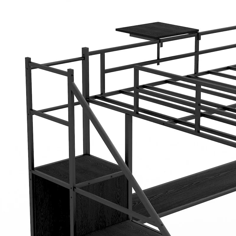 Metall-Hochbett in Full-Größe mit L-förmigem Schreibtisch, LED-Beleuchtung und Ladehalterung
