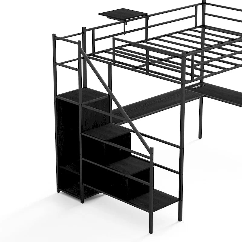 Metall-Hochbett in Full-Größe mit L-förmigem Schreibtisch, LED-Beleuchtung und Ladehalterung