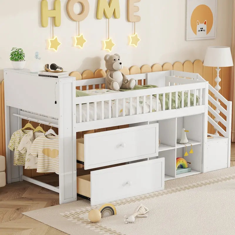 Hochbett in Twin-Größe mit LED-Beleuchtung und Bücherregal, niedriges Hochbett aus Holz mit Treppe