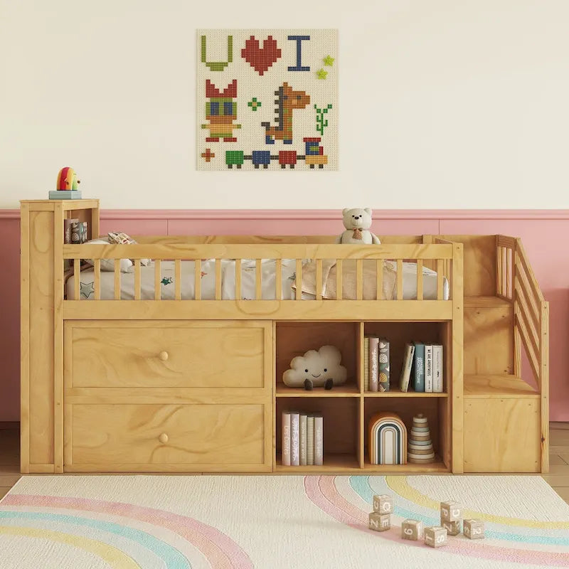 Twin Size Loft Bed with LED and Bookshelf, Wood Low Loft Bed with Stairs