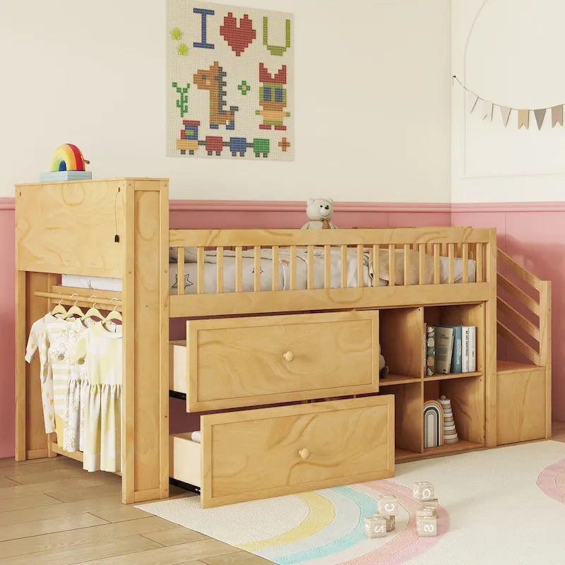 Hochbett in Twin-Größe mit LED-Beleuchtung und Bücherregal, niedriges Hochbett aus Holz mit Treppe