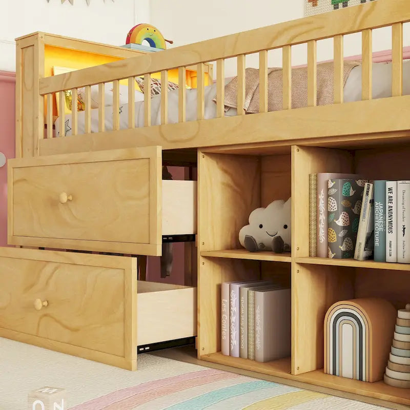 Hochbett in Twin-Größe mit LED-Beleuchtung und Bücherregal, niedriges Hochbett aus Holz mit Treppe