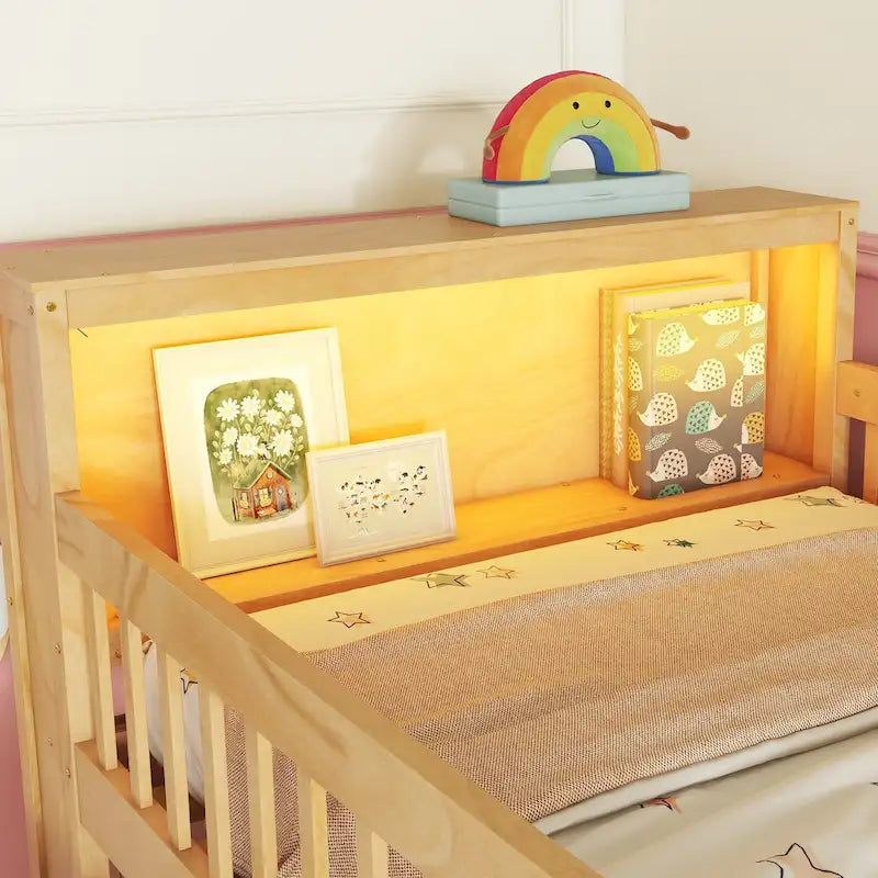 Hochbett in Twin-Größe mit LED-Beleuchtung und Bücherregal, niedriges Hochbett aus Holz mit Treppe