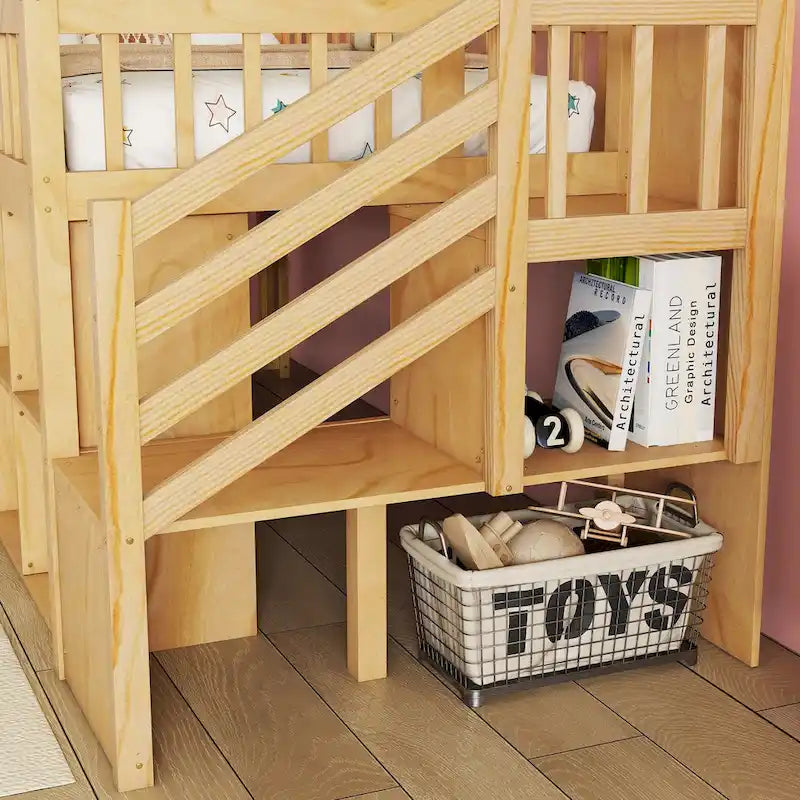 Hochbett in Twin-Größe mit LED-Beleuchtung und Bücherregal, niedriges Hochbett aus Holz mit Treppe