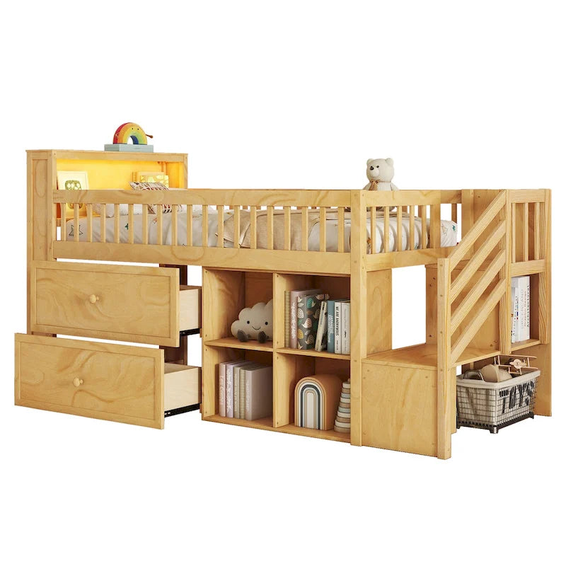 Hochbett in Twin-Größe mit LED-Beleuchtung und Bücherregal, niedriges Hochbett aus Holz mit Treppe