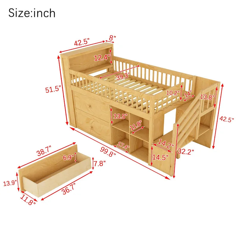 Hochbett in Twin-Größe mit LED-Beleuchtung und Bücherregal, niedriges Hochbett aus Holz mit Treppe