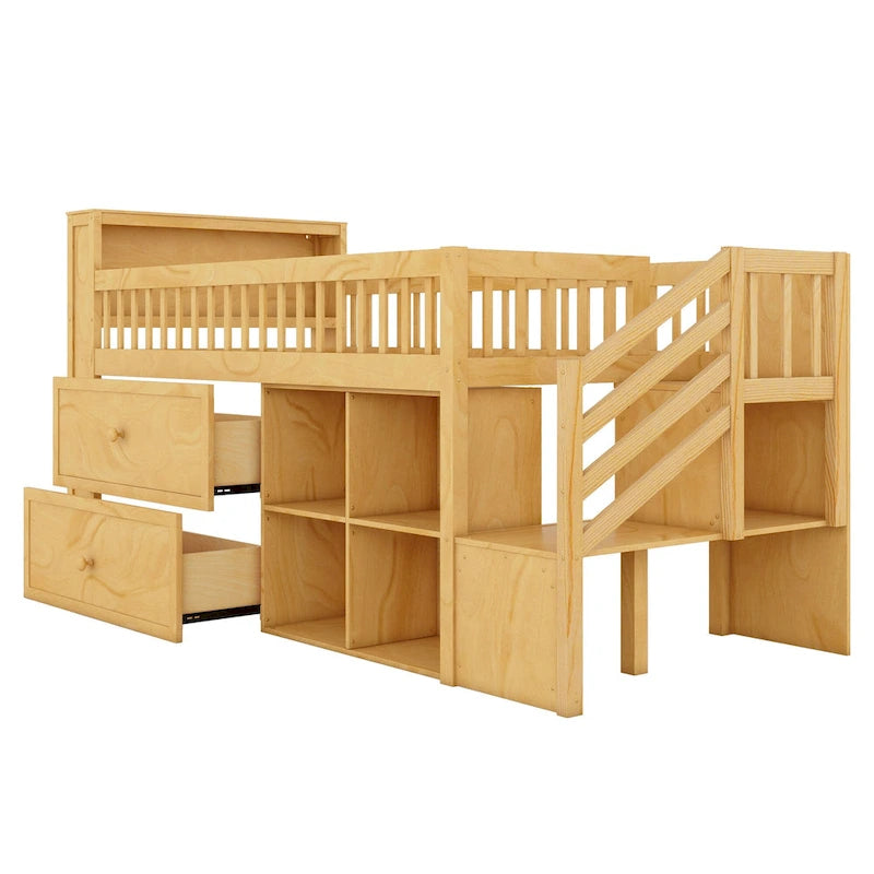 Hochbett in Twin-Größe mit LED-Beleuchtung und Bücherregal, niedriges Hochbett aus Holz mit Treppe