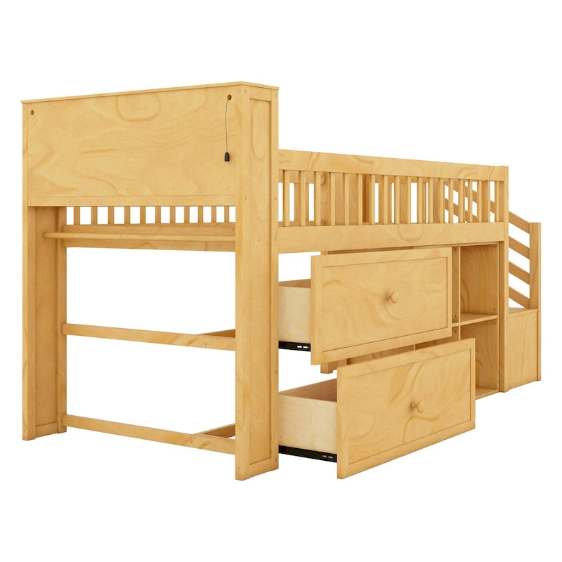 Hochbett in Twin-Größe mit LED-Beleuchtung und Bücherregal, niedriges Hochbett aus Holz mit Treppe