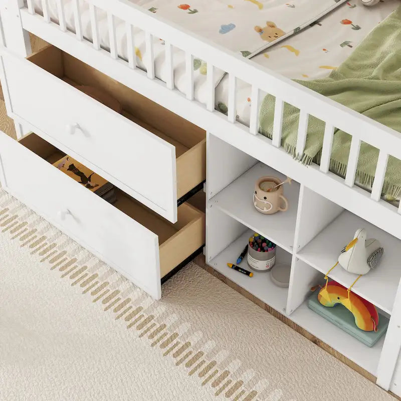 Hochbett in Twin-Größe mit LED-Beleuchtung und Bücherregal, niedriges Hochbett aus Holz mit Treppe