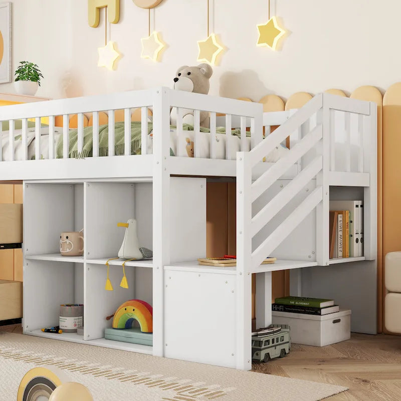 Hochbett in Twin-Größe mit LED-Beleuchtung und Bücherregal, niedriges Hochbett aus Holz mit Treppe