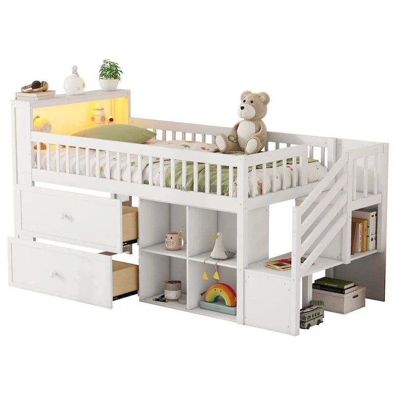 Hochbett in Twin-Größe mit LED-Beleuchtung und Bücherregal, niedriges Hochbett aus Holz mit Treppe