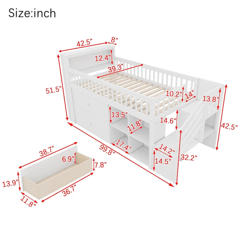 Hochbett in Twin-Größe mit LED-Beleuchtung und Bücherregal, niedriges Hochbett aus Holz mit Treppe