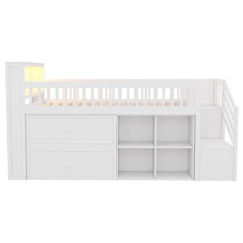 Hochbett in Twin-Größe mit LED-Beleuchtung und Bücherregal, niedriges Hochbett aus Holz mit Treppe