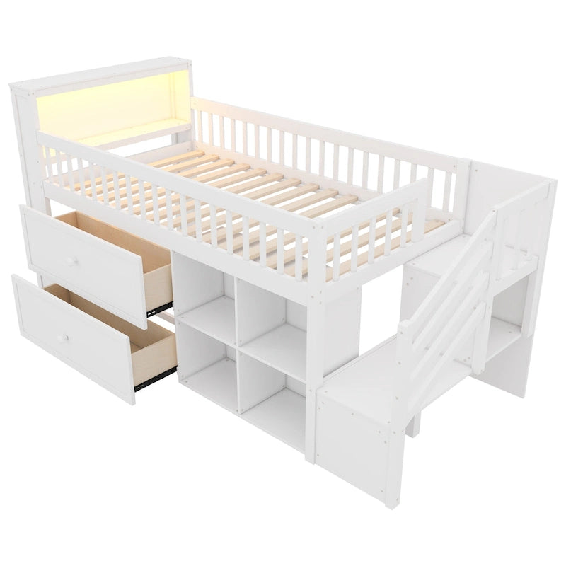 Hochbett in Twin-Größe mit LED-Beleuchtung und Bücherregal, niedriges Hochbett aus Holz mit Treppe