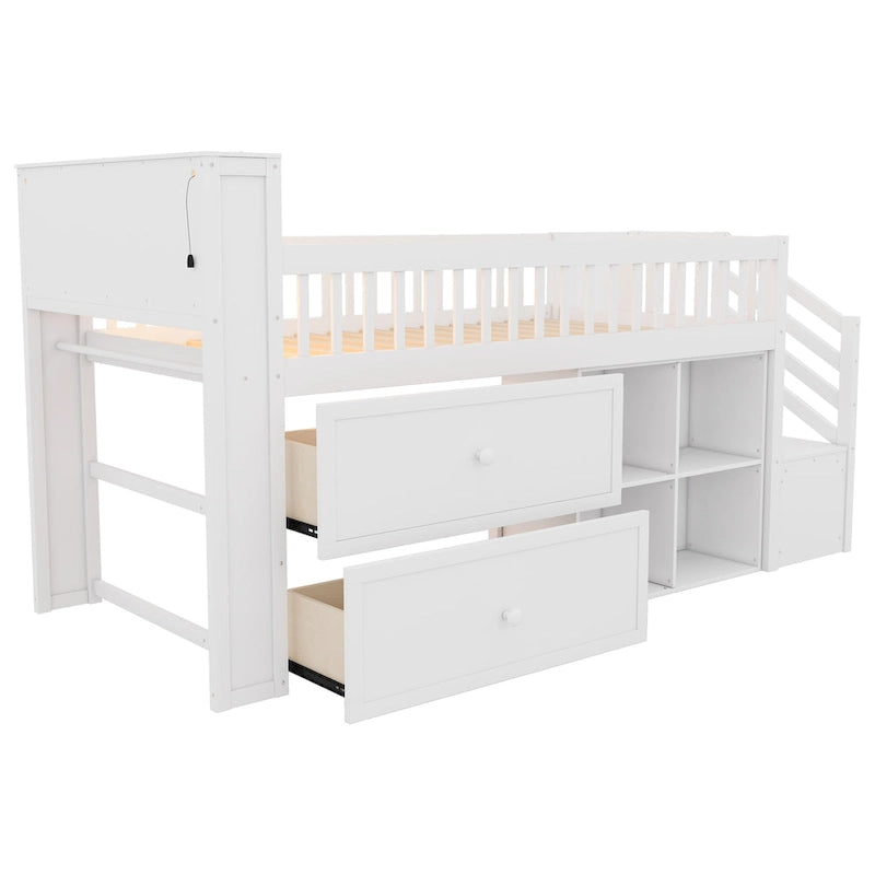Hochbett in Twin-Größe mit LED-Beleuchtung und Bücherregal, niedriges Hochbett aus Holz mit Treppe