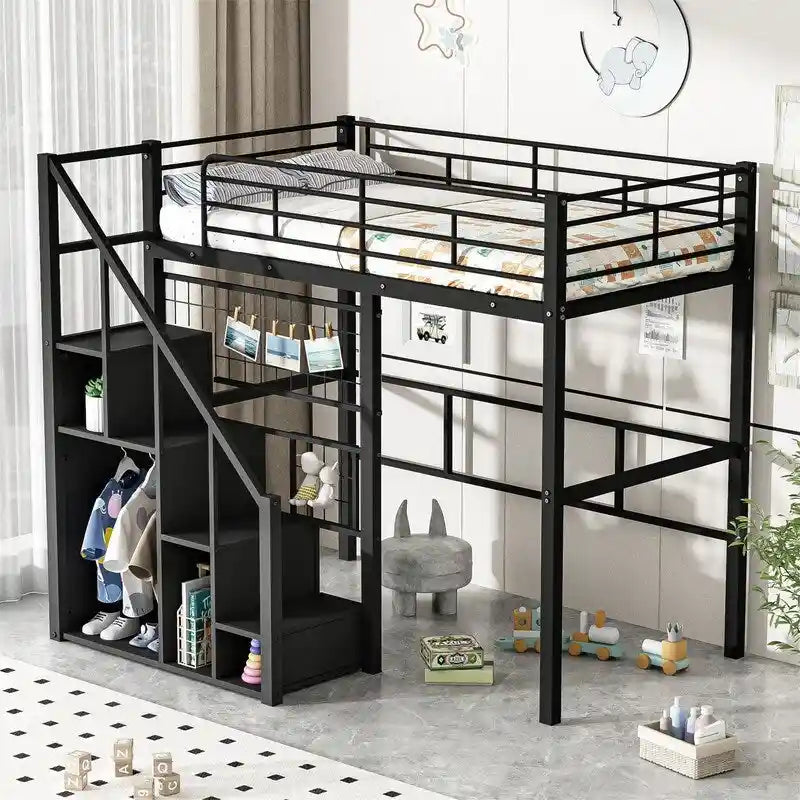 Metall-Hochbett mit Stauraumtreppe und kleinem Kleiderschrank, Hochbettgestell in Twin-Größe mit Metallgitter und Schutzgittern für Kinder