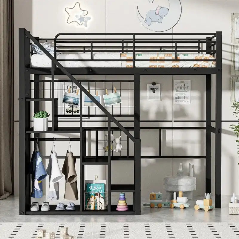 Metal Loft Bed with Storage Staircase and Small Wardrobe, Twin Size Loft Bedframe with Metal Grid and Guardrails for Kids