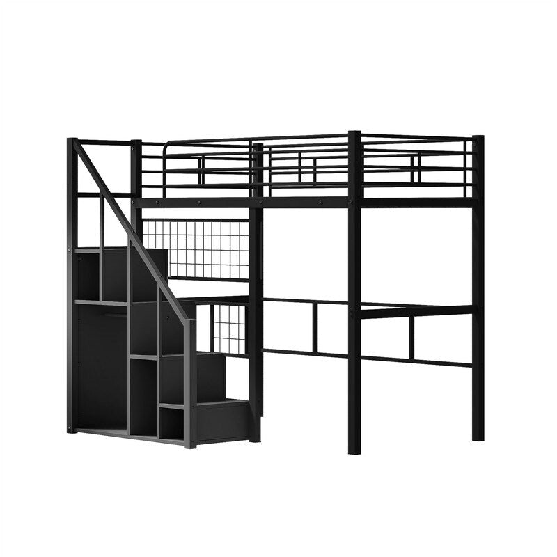 Metall-Hochbett mit Stauraumtreppe und kleinem Kleiderschrank, Hochbettgestell in Twin-Größe mit Metallgitter und Schutzgittern für Kinder