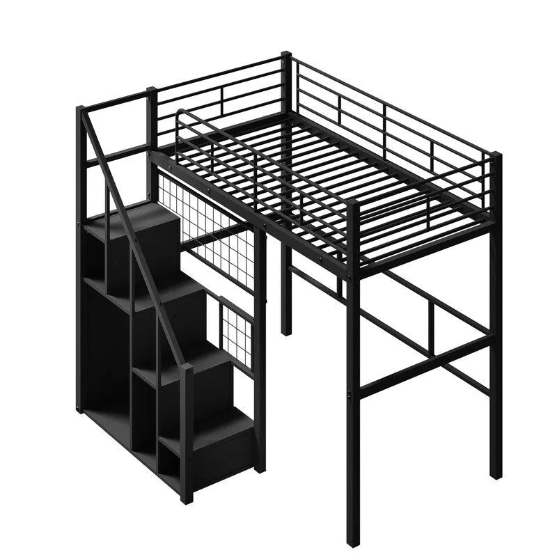Metall-Hochbett mit Stauraumtreppe und kleinem Kleiderschrank, Hochbettgestell in Twin-Größe mit Metallgitter und Schutzgittern für Kinder