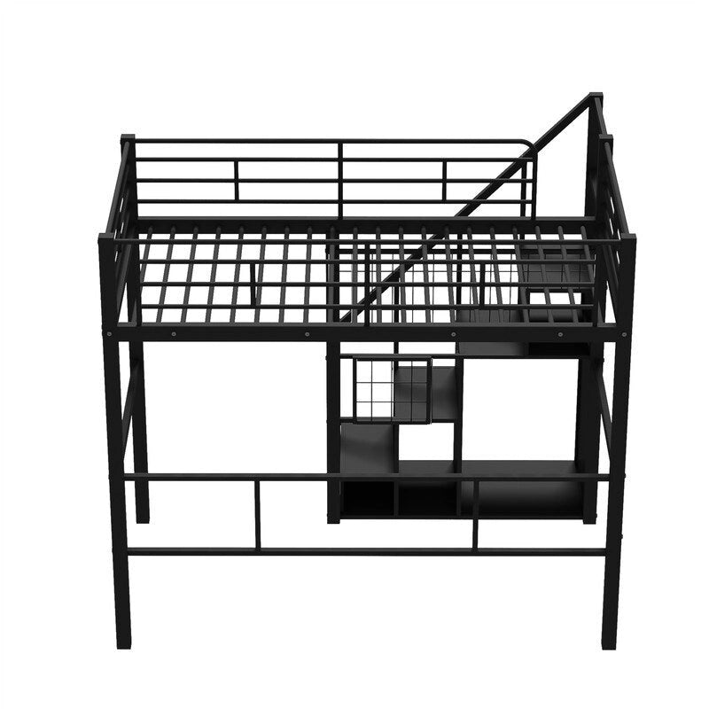 Metall-Hochbett mit Stauraumtreppe und kleinem Kleiderschrank, Hochbettgestell in Twin-Größe mit Metallgitter und Schutzgittern für Kinder