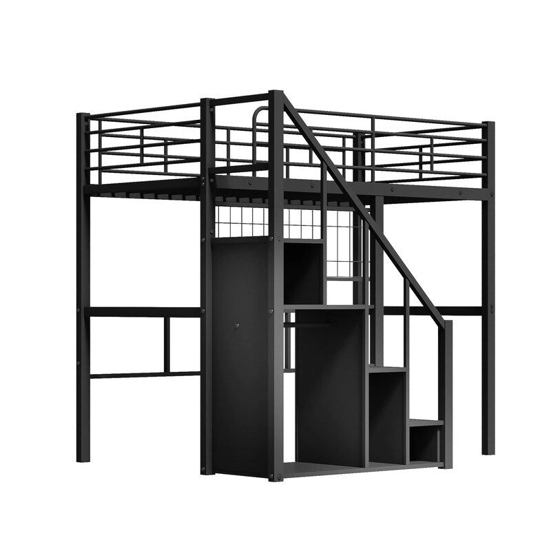 Metall-Hochbett mit Stauraumtreppe und kleinem Kleiderschrank, Hochbettgestell in Twin-Größe mit Metallgitter und Schutzgittern für Kinder