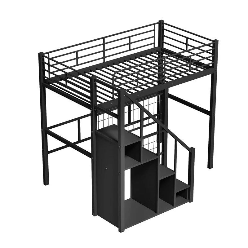 Metall-Hochbett mit Stauraumtreppe und kleinem Kleiderschrank, Hochbettgestell in Twin-Größe mit Metallgitter und Schutzgittern für Kinder
