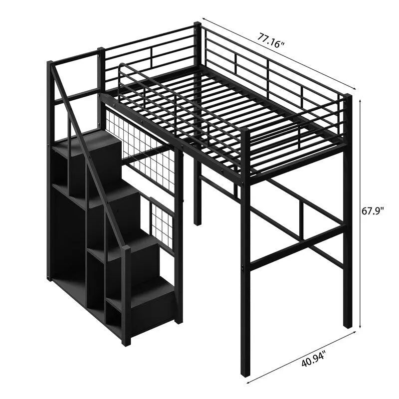 Metall-Hochbett mit Stauraumtreppe und kleinem Kleiderschrank, Hochbettgestell in Twin-Größe mit Metallgitter und Schutzgittern für Kinder