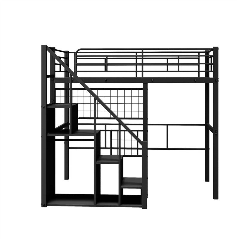 Metall-Hochbett mit Stauraumtreppe und kleinem Kleiderschrank, Hochbettgestell in Twin-Größe mit Metallgitter und Schutzgittern für Kinder