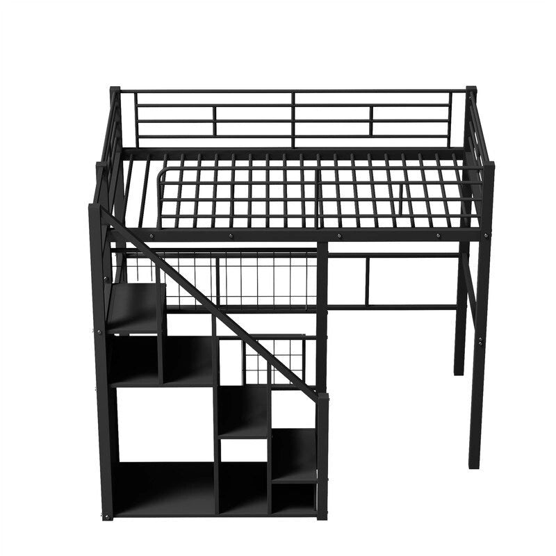 Metall-Hochbett mit Stauraumtreppe und kleinem Kleiderschrank, Hochbettgestell in Twin-Größe mit Metallgitter und Schutzgittern für Kinder
