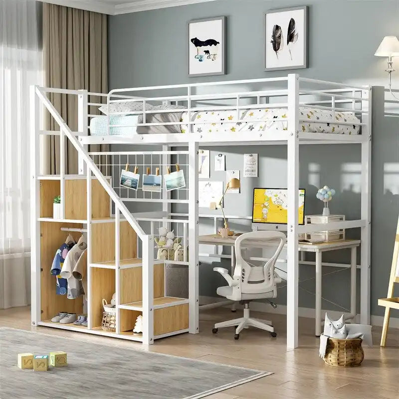 Metall-Hochbett mit Stauraumtreppe und kleinem Kleiderschrank, Hochbettgestell in Twin-Größe mit Metallgitter und Schutzgittern für Kinder