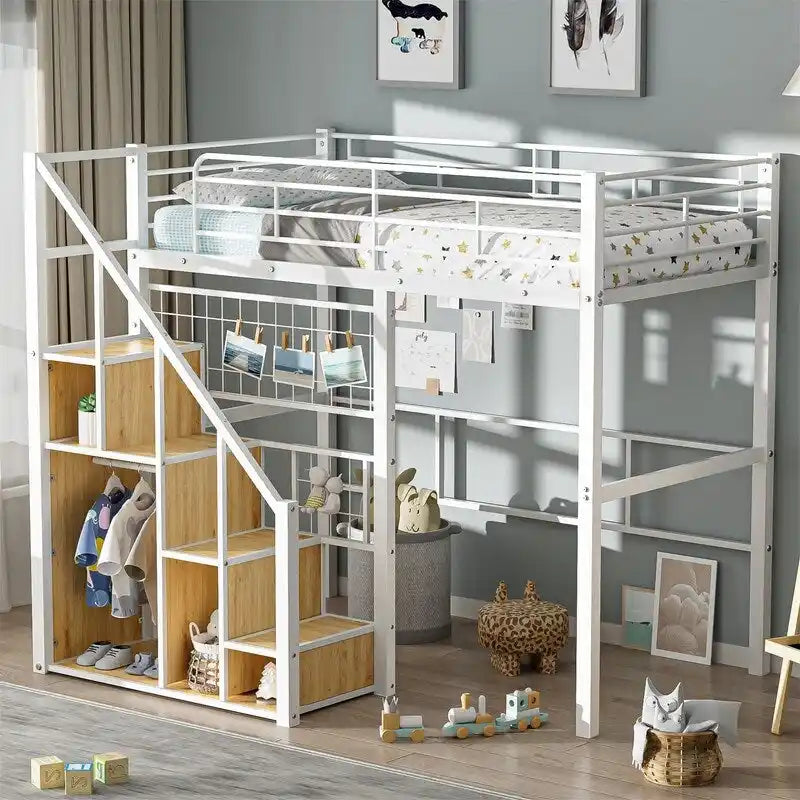 Metall-Hochbett mit Stauraumtreppe und kleinem Kleiderschrank, Hochbettgestell in Twin-Größe mit Metallgitter und Schutzgittern für Kinder