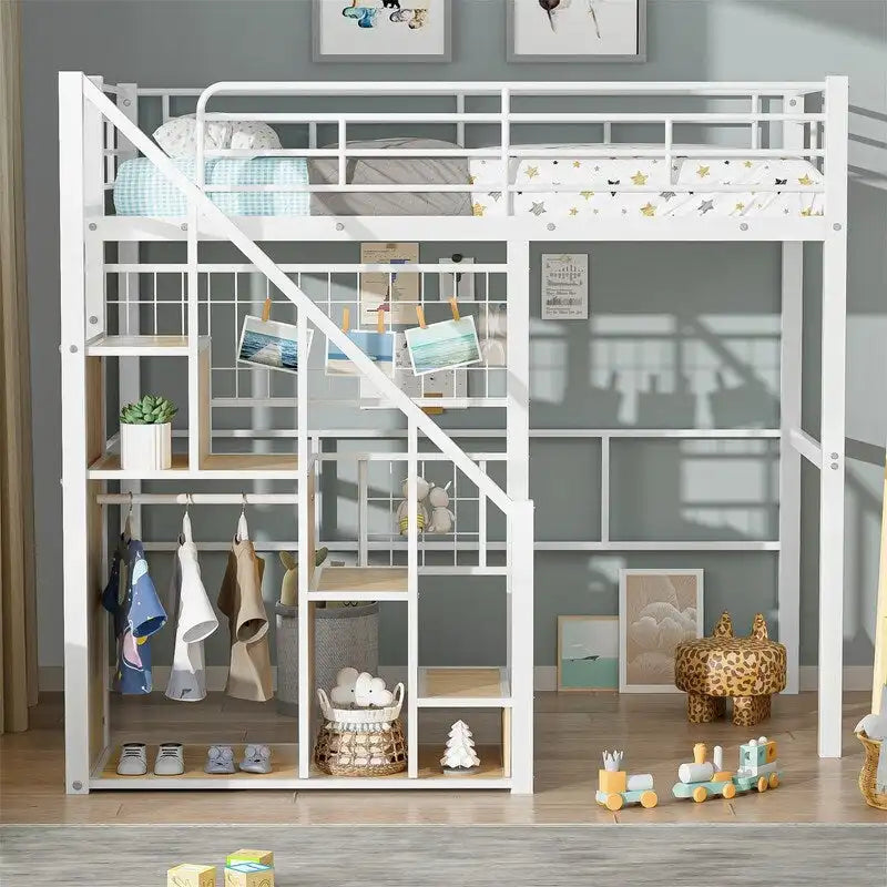 Metall-Hochbett mit Stauraumtreppe und kleinem Kleiderschrank, Hochbettgestell in Twin-Größe mit Metallgitter und Schutzgittern für Kinder