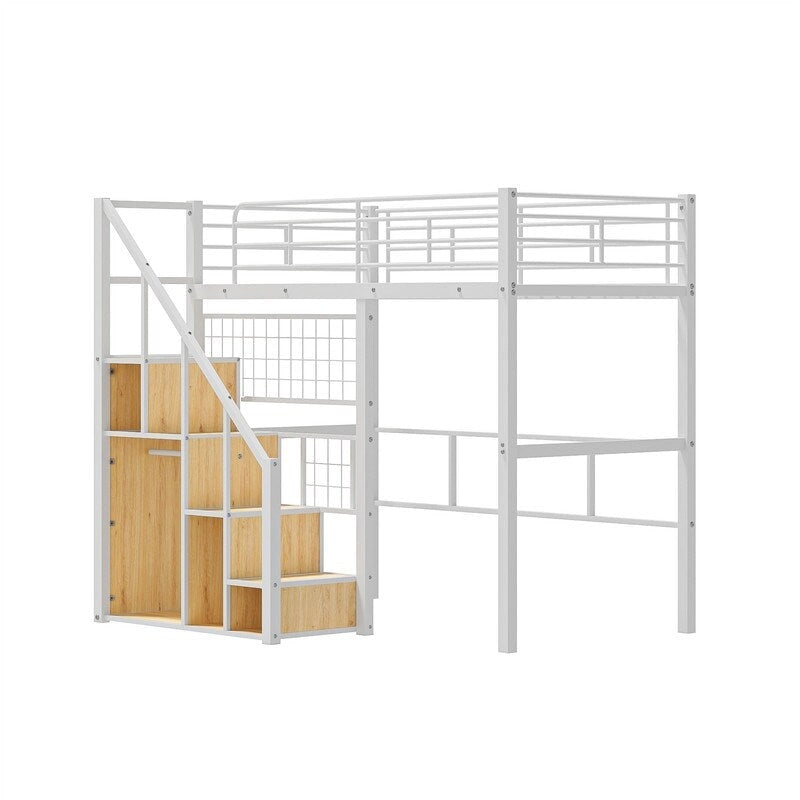 Metall-Hochbett mit Stauraumtreppe und kleinem Kleiderschrank, Hochbettgestell in Twin-Größe mit Metallgitter und Schutzgittern für Kinder