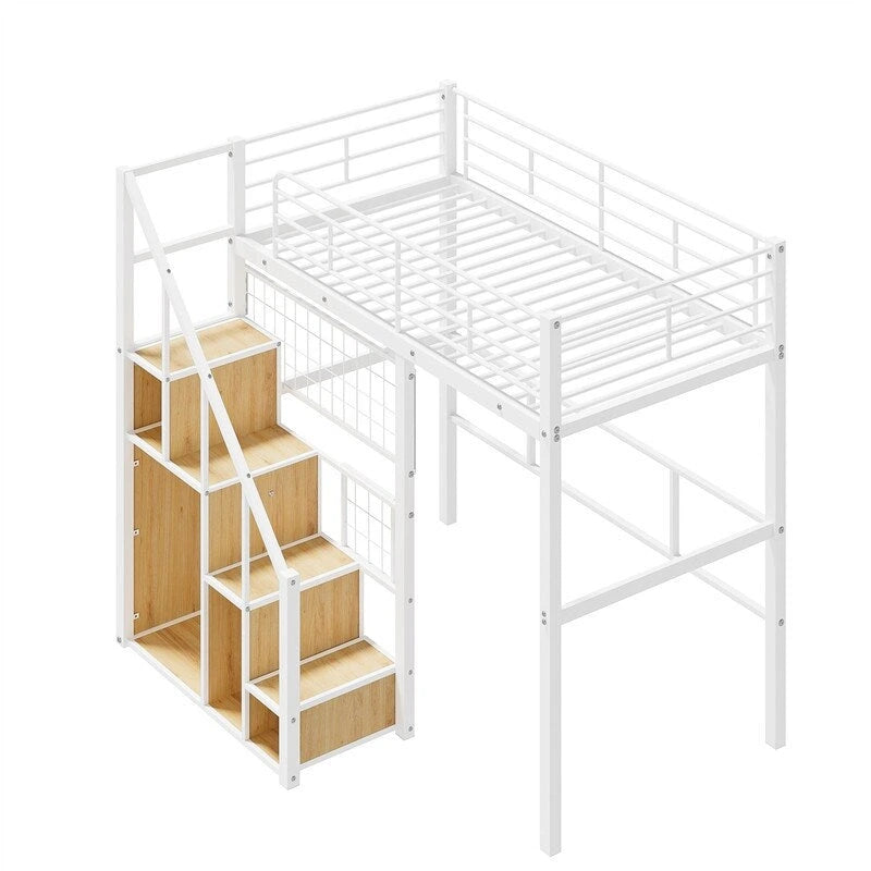 Metall-Hochbett mit Stauraumtreppe und kleinem Kleiderschrank, Hochbettgestell in Twin-Größe mit Metallgitter und Schutzgittern für Kinder