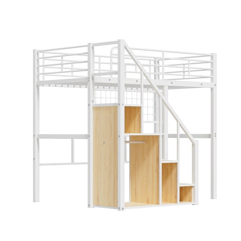 Metall-Hochbett mit Stauraumtreppe und kleinem Kleiderschrank, Hochbettgestell in Twin-Größe mit Metallgitter und Schutzgittern für Kinder