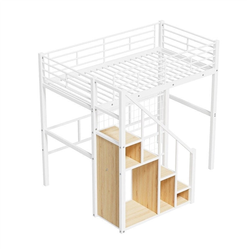 Metall-Hochbett mit Stauraumtreppe und kleinem Kleiderschrank, Hochbettgestell in Twin-Größe mit Metallgitter und Schutzgittern für Kinder