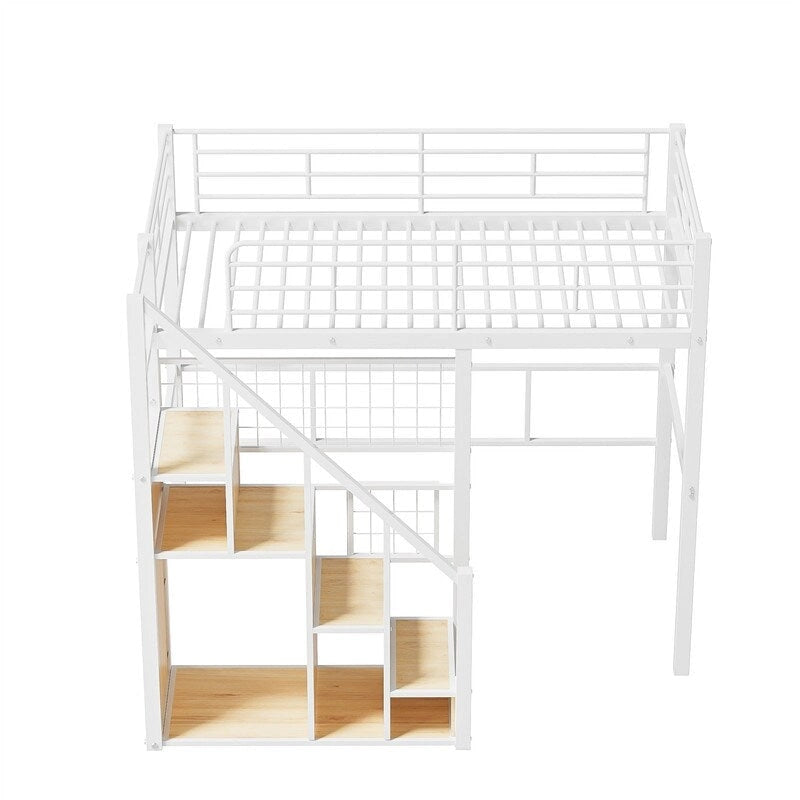 Metall-Hochbett mit Stauraumtreppe und kleinem Kleiderschrank, Hochbettgestell in Twin-Größe mit Metallgitter und Schutzgittern für Kinder
