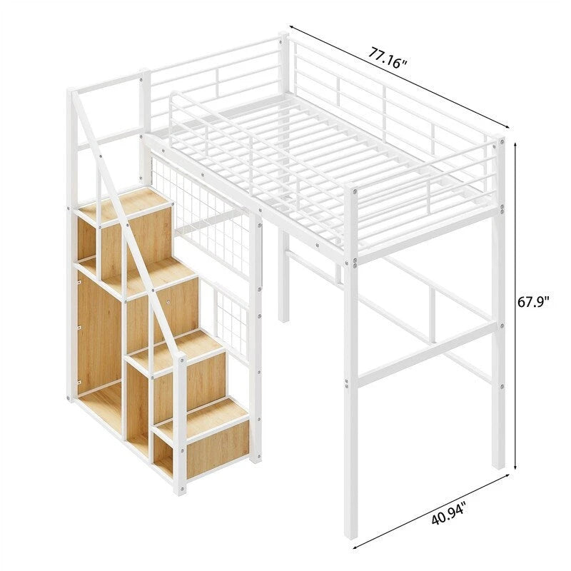 Metall-Hochbett mit Stauraumtreppe und kleinem Kleiderschrank, Hochbettgestell in Twin-Größe mit Metallgitter und Schutzgittern für Kinder