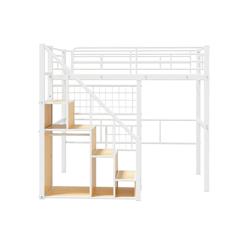 Metall-Hochbett mit Stauraumtreppe und kleinem Kleiderschrank, Hochbettgestell in Twin-Größe mit Metallgitter und Schutzgittern für Kinder