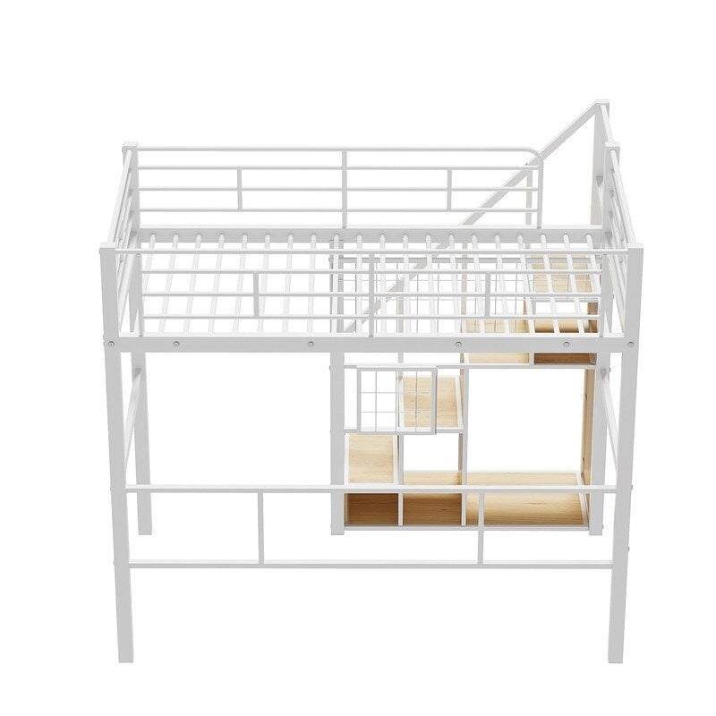 Metall-Hochbett mit Stauraumtreppe und kleinem Kleiderschrank, Hochbettgestell in Twin-Größe mit Metallgitter und Schutzgittern für Kinder